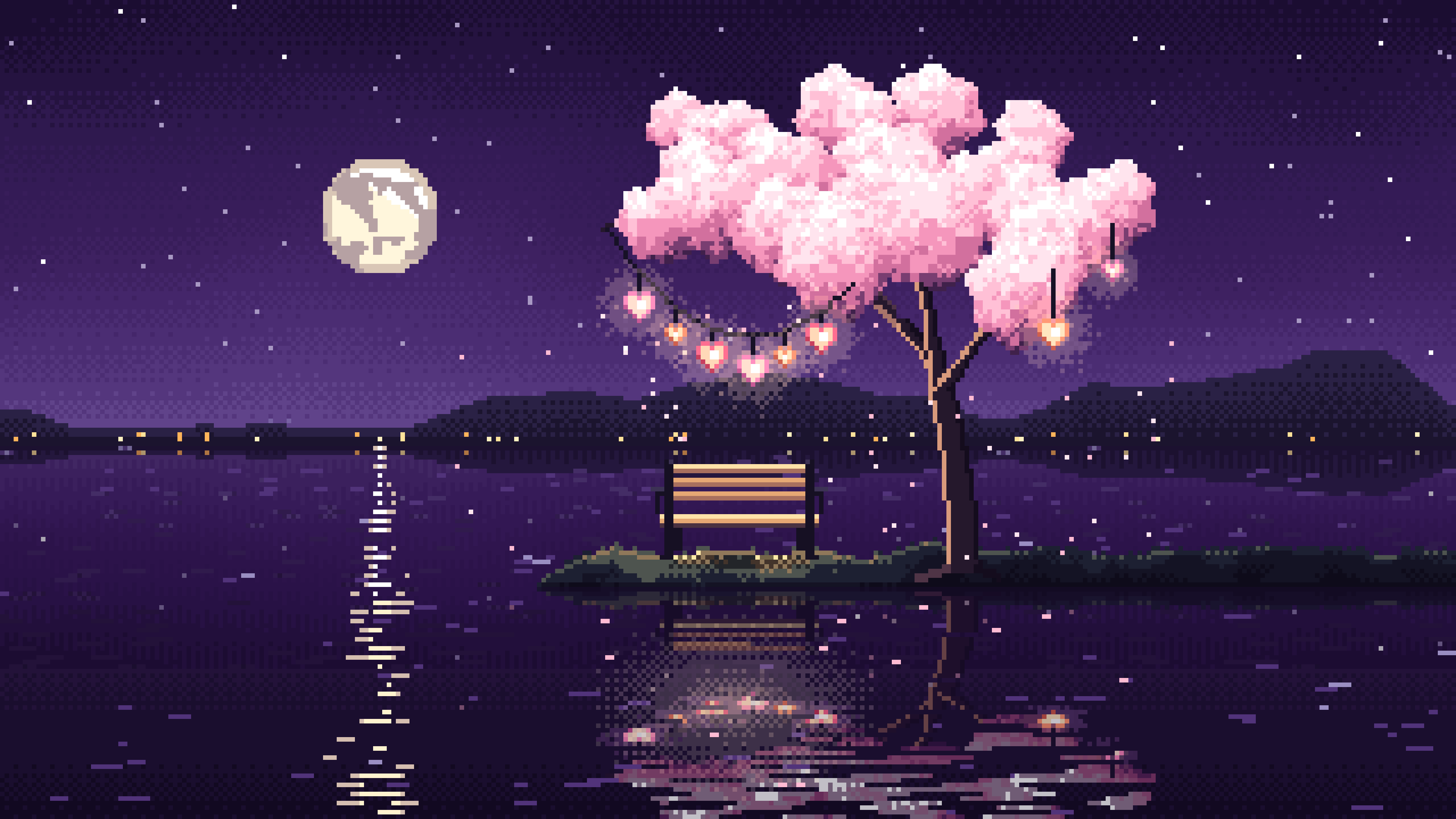 Dark Purple Pixel Art Heart Lanterns in a Blossom Tree by a Lake desktop wallpaper in 4K