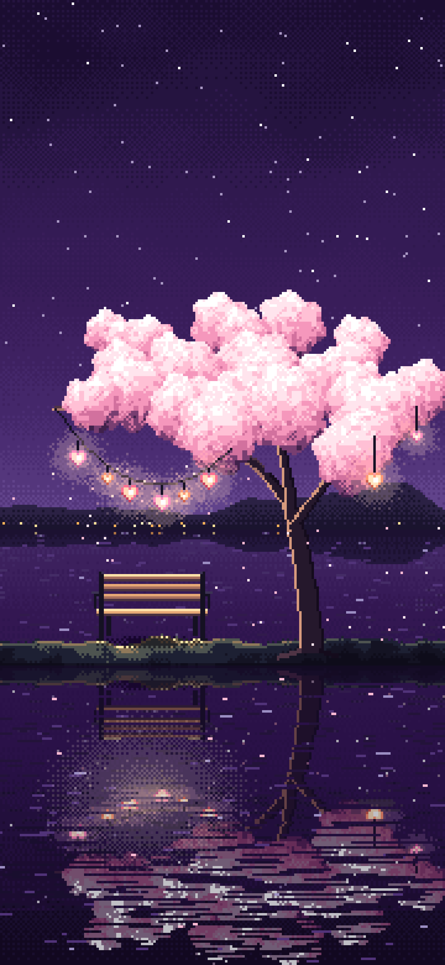 Dark Purple Pixel Art Heart Lanterns in a Blossom Tree by a Lake wallpaper for iPhone and Android