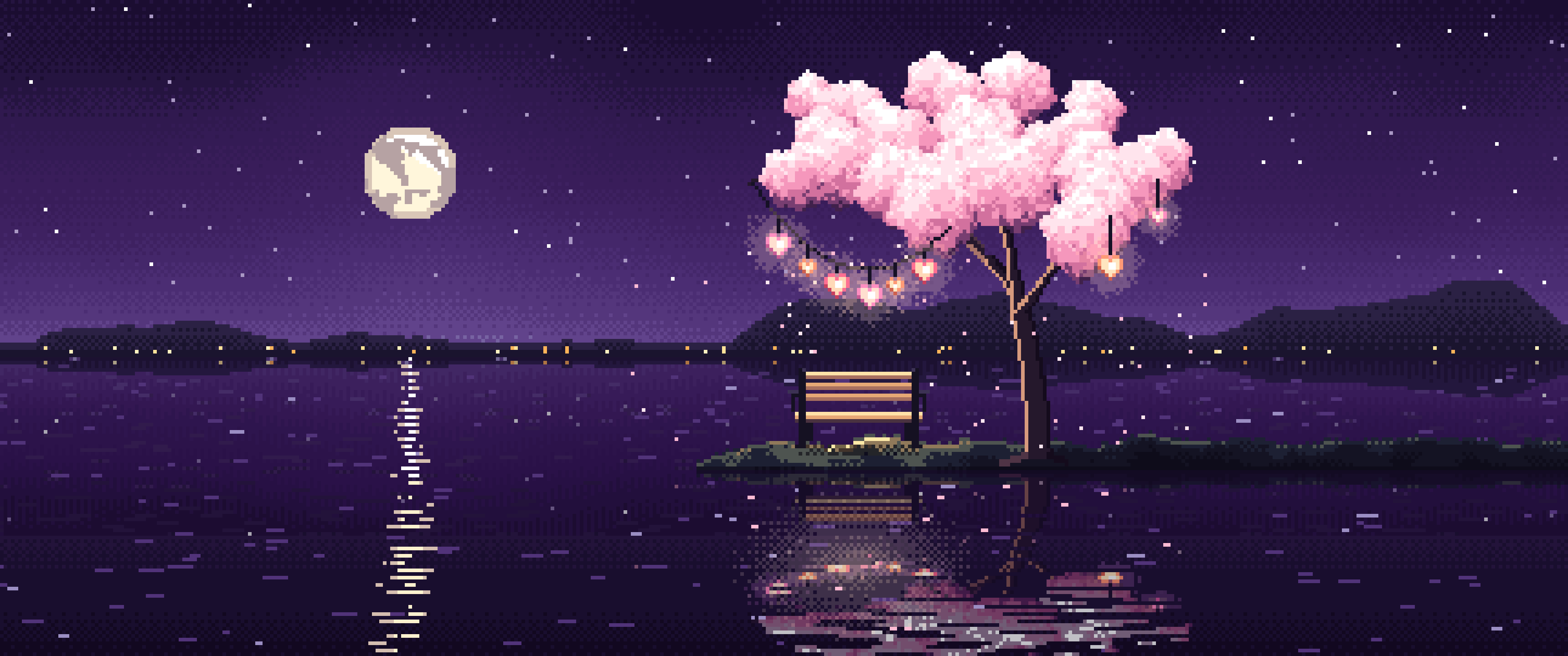 Dark Purple Pixel Art Heart Lanterns in a Blossom Tree by a Lake ultrawide wallpaper, 3440 × 1440