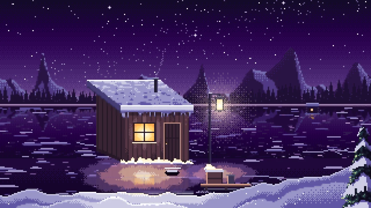 Dark Purple Pixel Art Ice Fishing Hut on a Frozen Lake desktop wallpaper in 4K