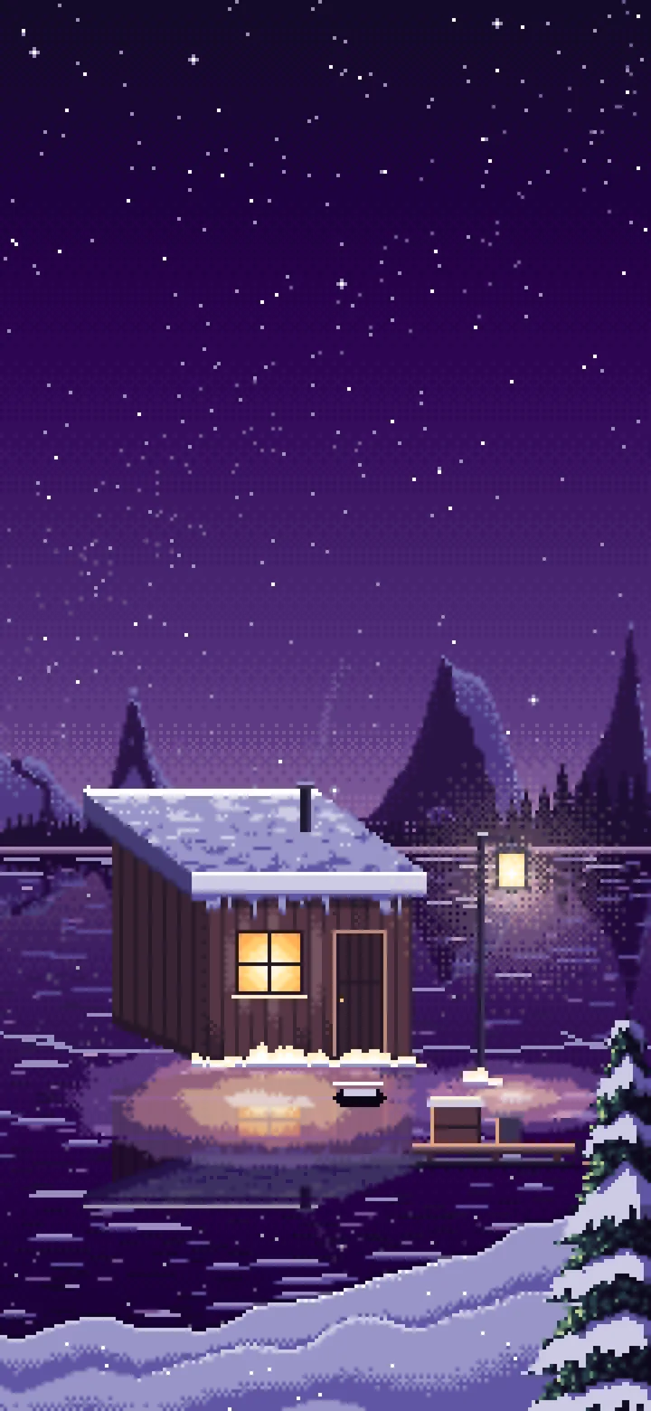 Dark Purple Pixel Art Ice Fishing Hut on a Frozen Lake wallpaper for iPhone and Android