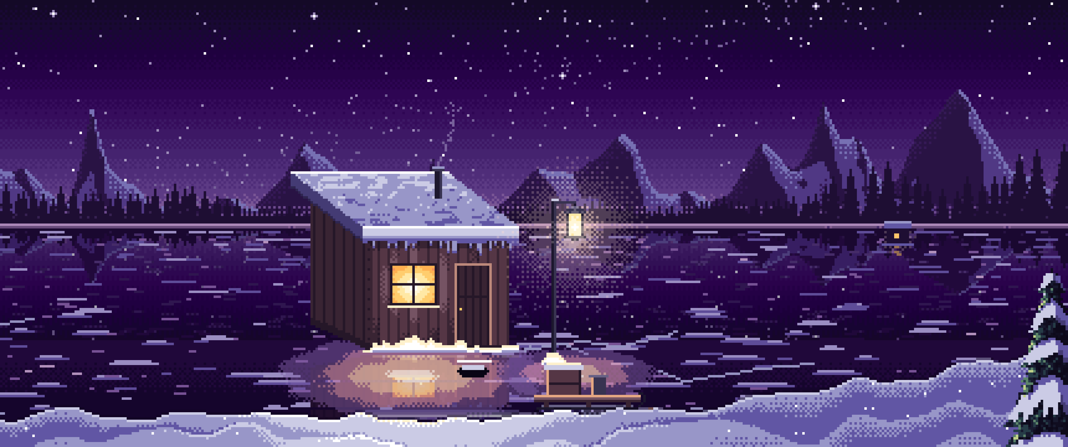 Dark Purple Pixel Art Ice Fishing Hut on a Frozen Lake ultrawide wallpaper, 3440 × 1440