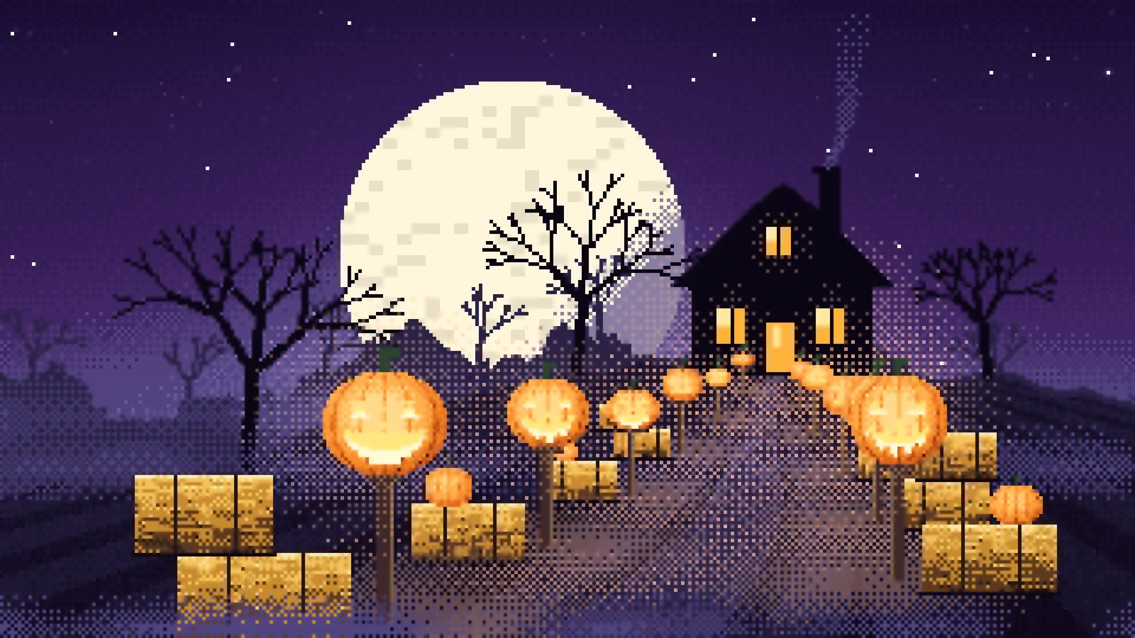 Dark Purple Pixel Art Jack O Lantern Path desktop wallpaper in 4K