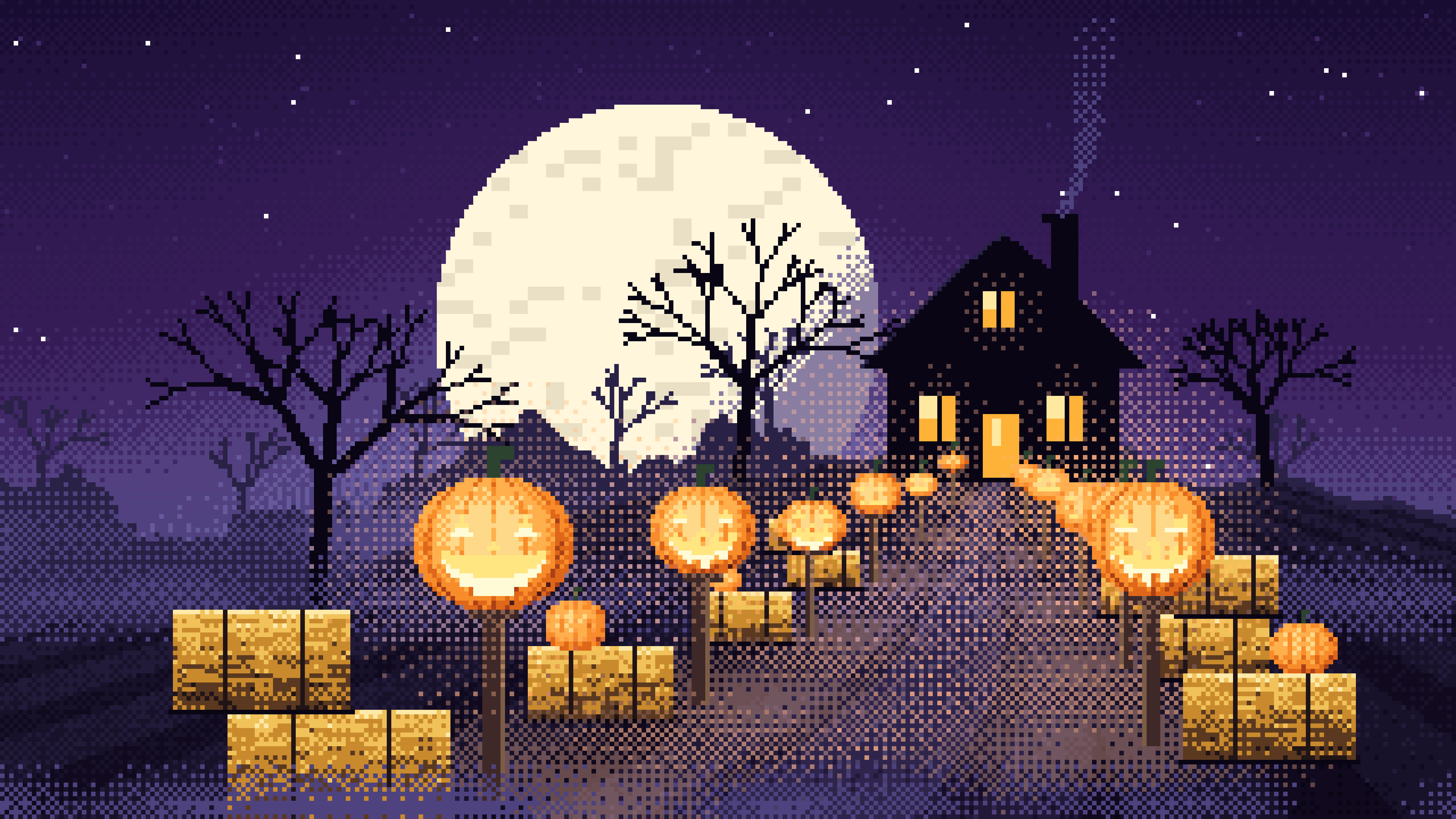 Dark Purple Pixel Art Jack O Lantern Path desktop wallpaper in 4K