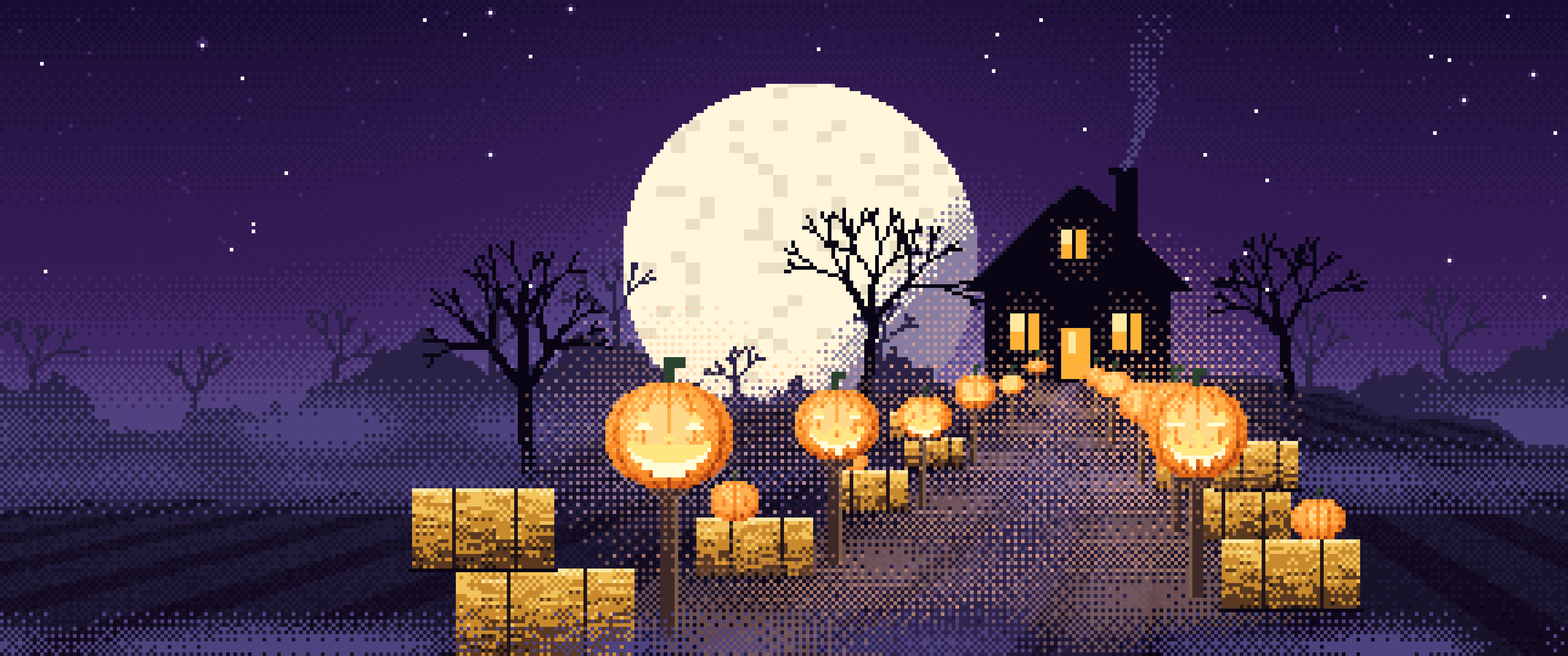 Dark Purple Pixel Art Jack O Lantern Path ultrawide wallpaper, 3440 × 1440