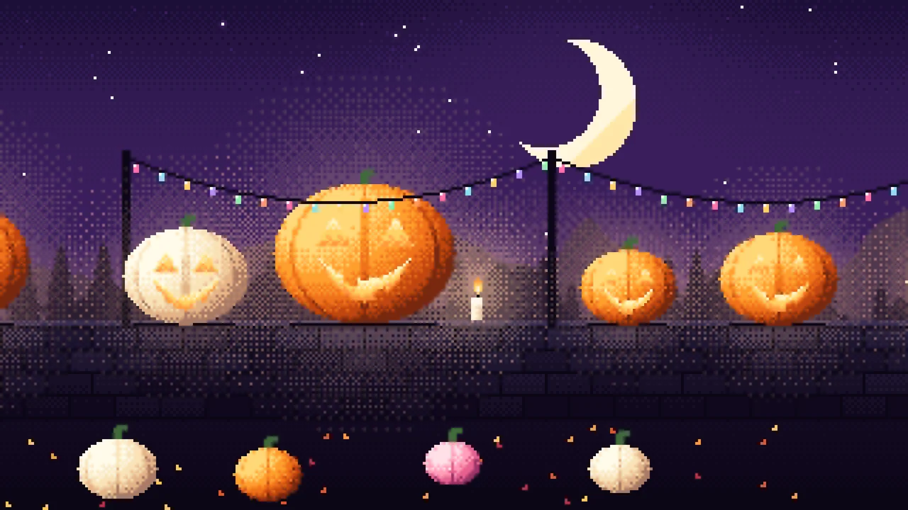 Dark Purple Pixel Art Jack O Lanterns desktop wallpaper in 4K