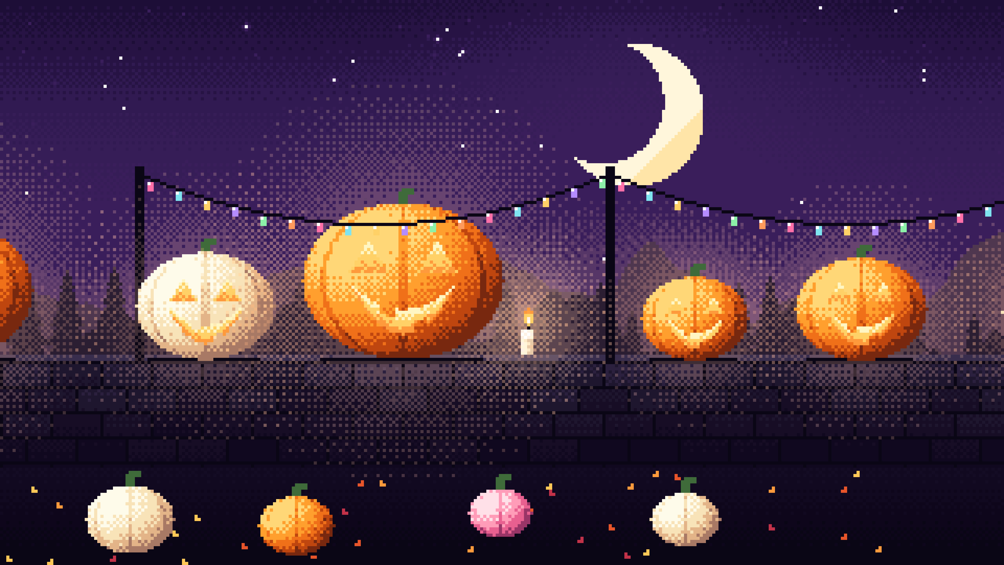 Dark Purple Pixel Art Jack O Lanterns desktop wallpaper in 4K