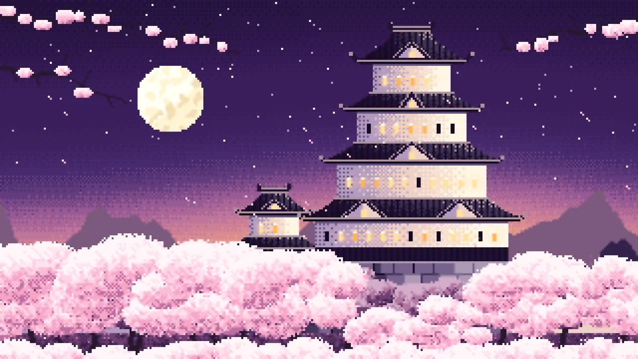 Dark Purple Pixel Art Japanese Castle and Cherry Blossom at Dusk desktop wallpaper in 4K