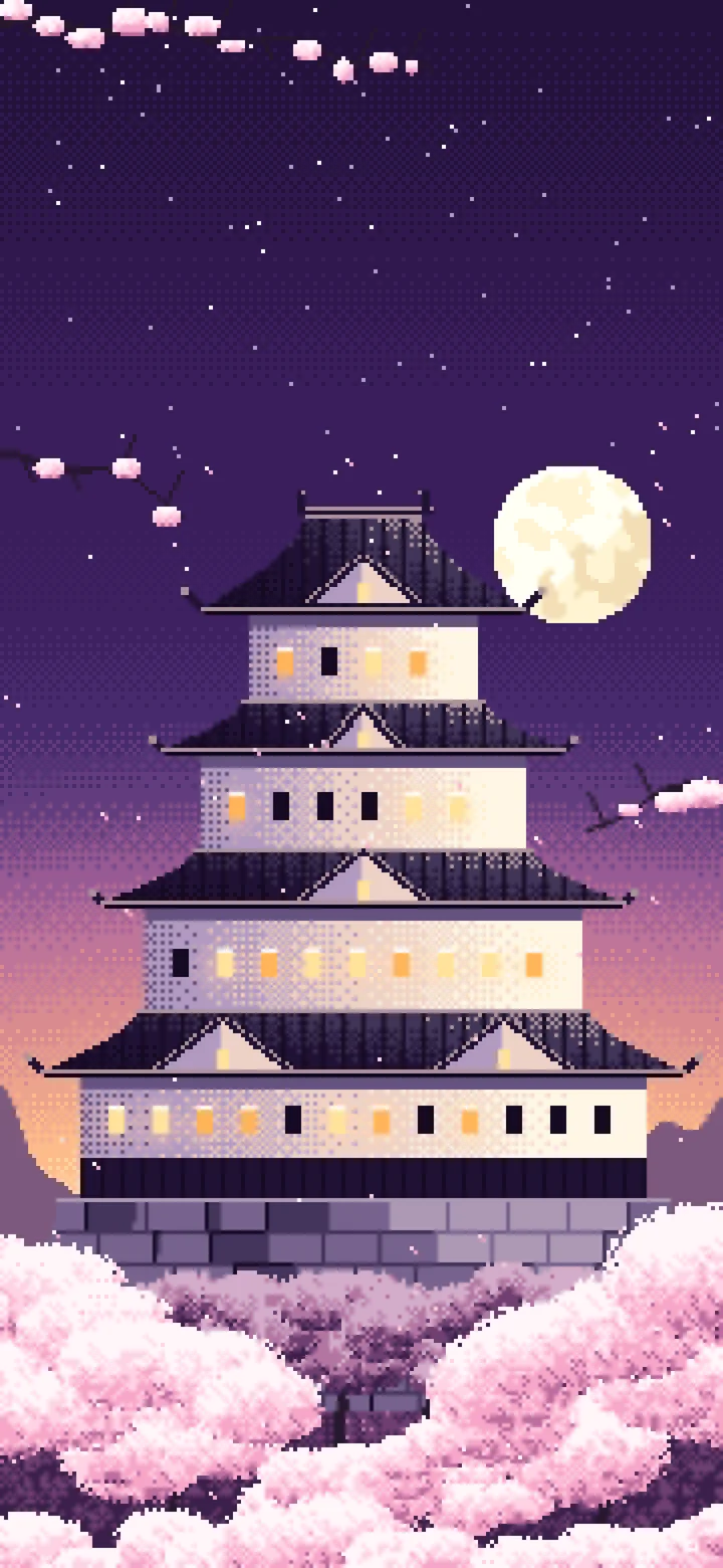 Dark Purple Pixel Art Japanese Castle and Cherry Blossom at Dusk wallpaper for iPhone and Android