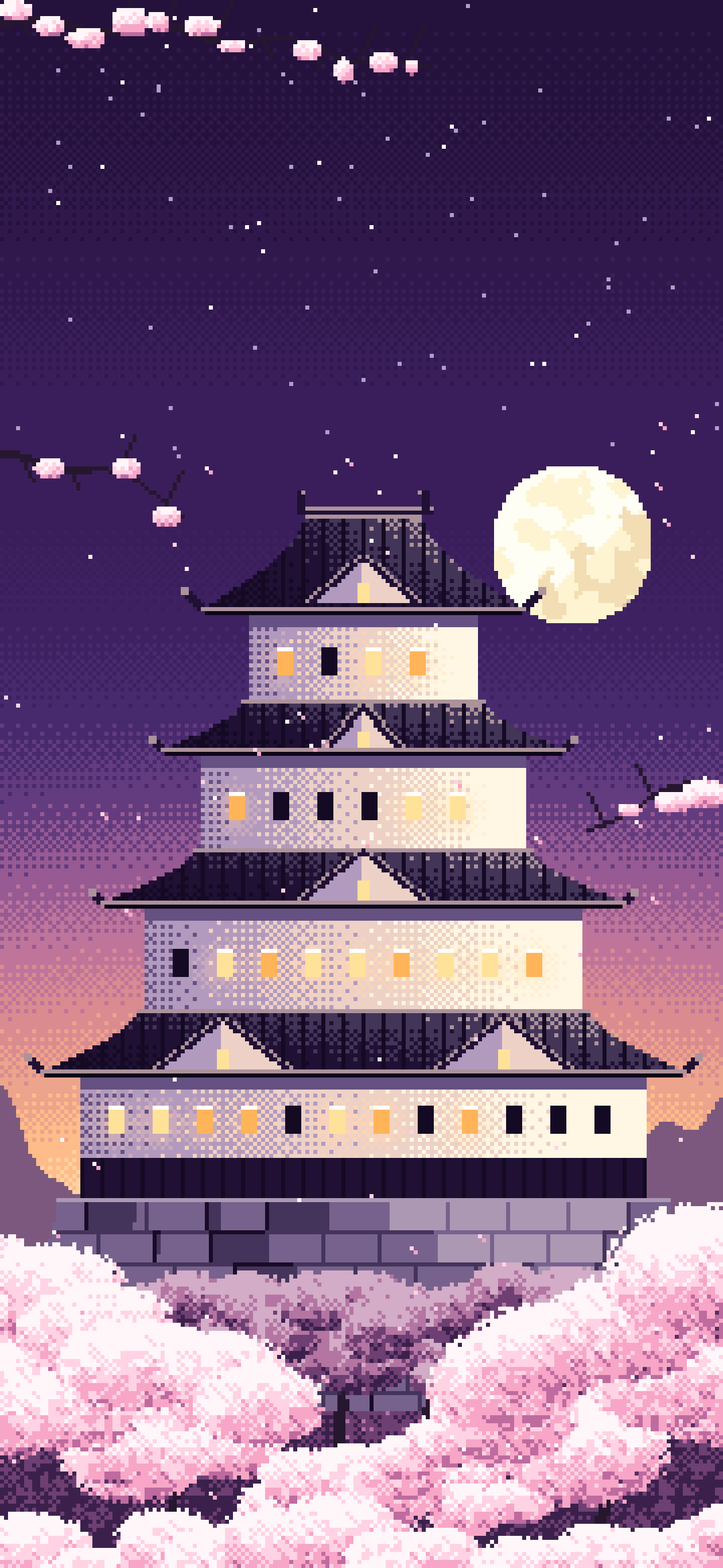 Dark Purple Pixel Art Japanese Castle and Cherry Blossom at Dusk wallpaper for iPhone and Android
