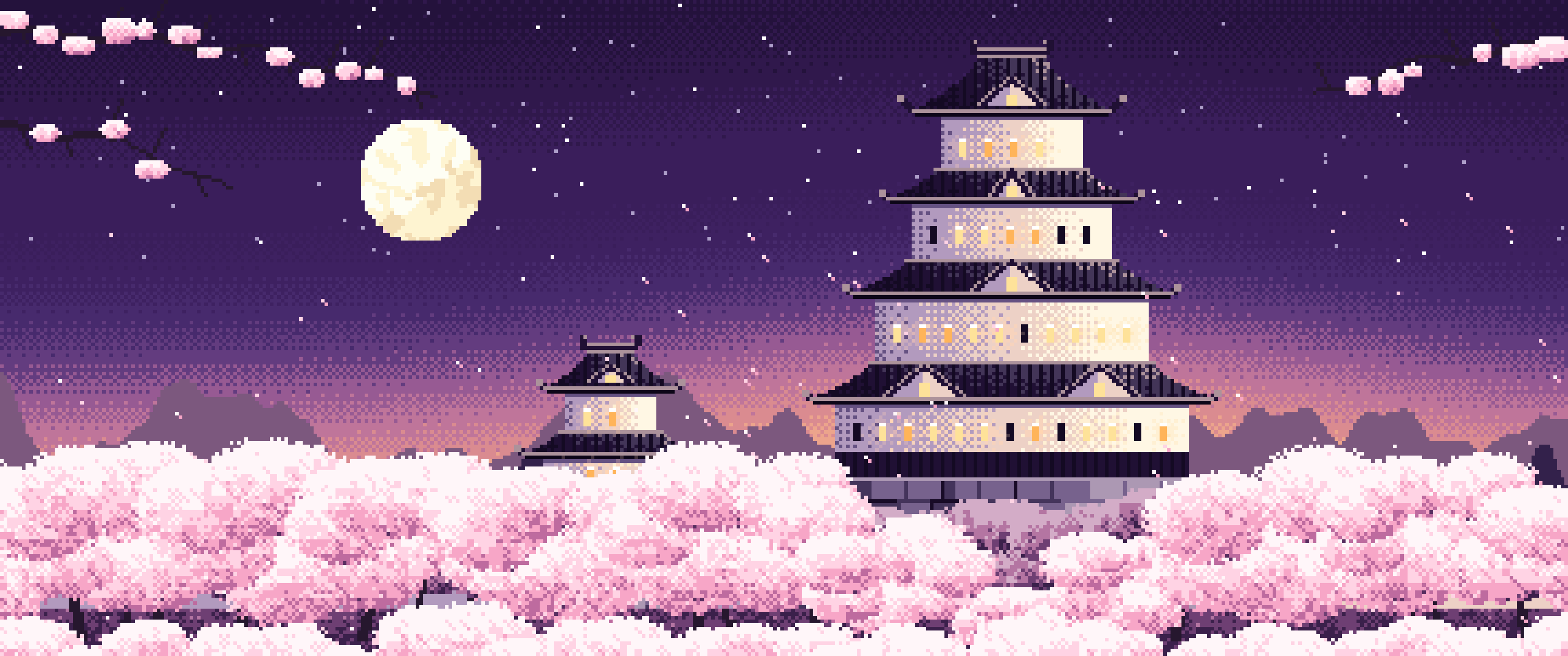 Dark Purple Pixel Art Japanese Castle and Cherry Blossom at Dusk ultrawide wallpaper, 3440 × 1440