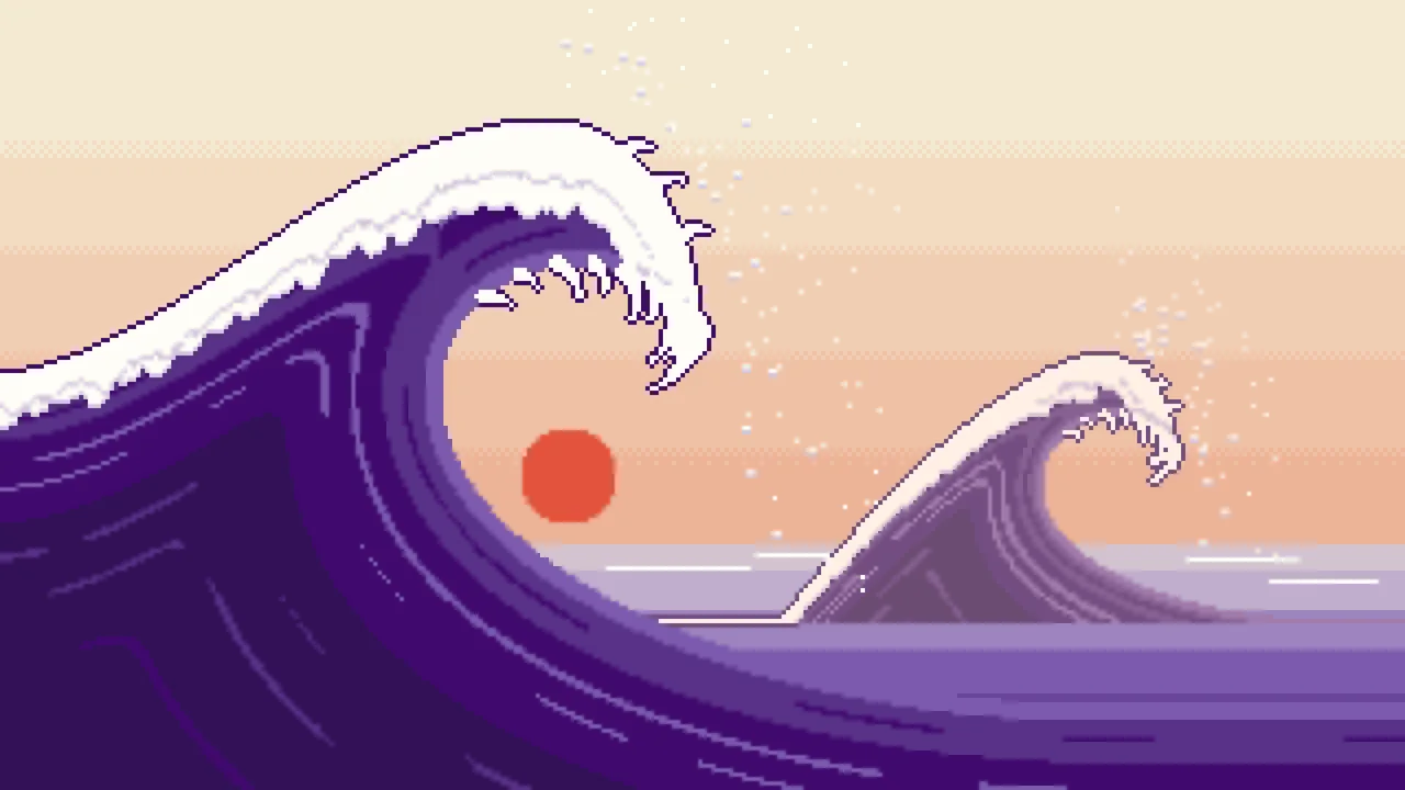 Dark Purple Pixel Art Japanese Great Wave desktop wallpaper in 4K