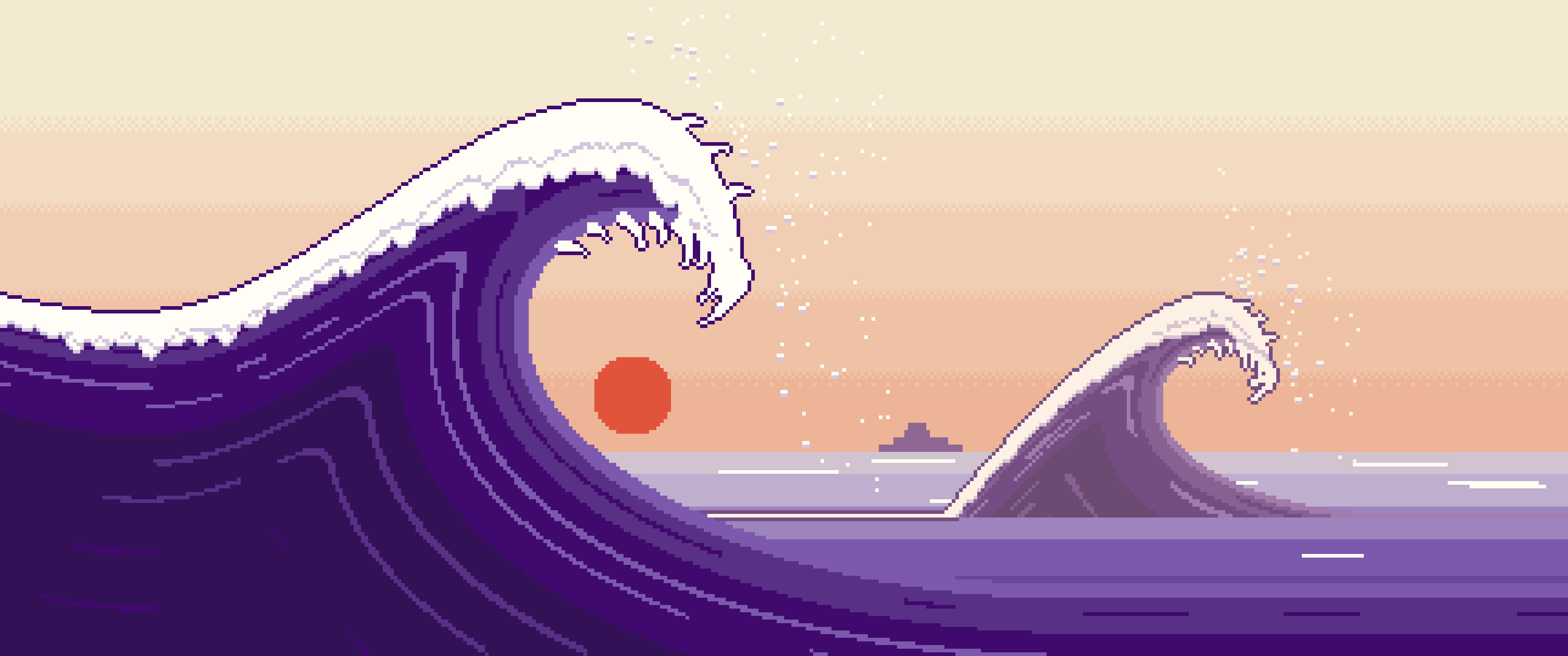 Dark Purple Pixel Art Japanese Great Wave ultrawide wallpaper, 3440 × 1440
