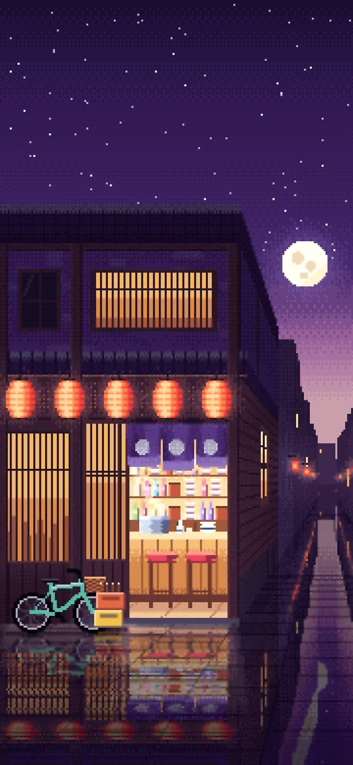 Dark Purple Pixel Art Japanese Izakaya wallpaper for iPhone and Android