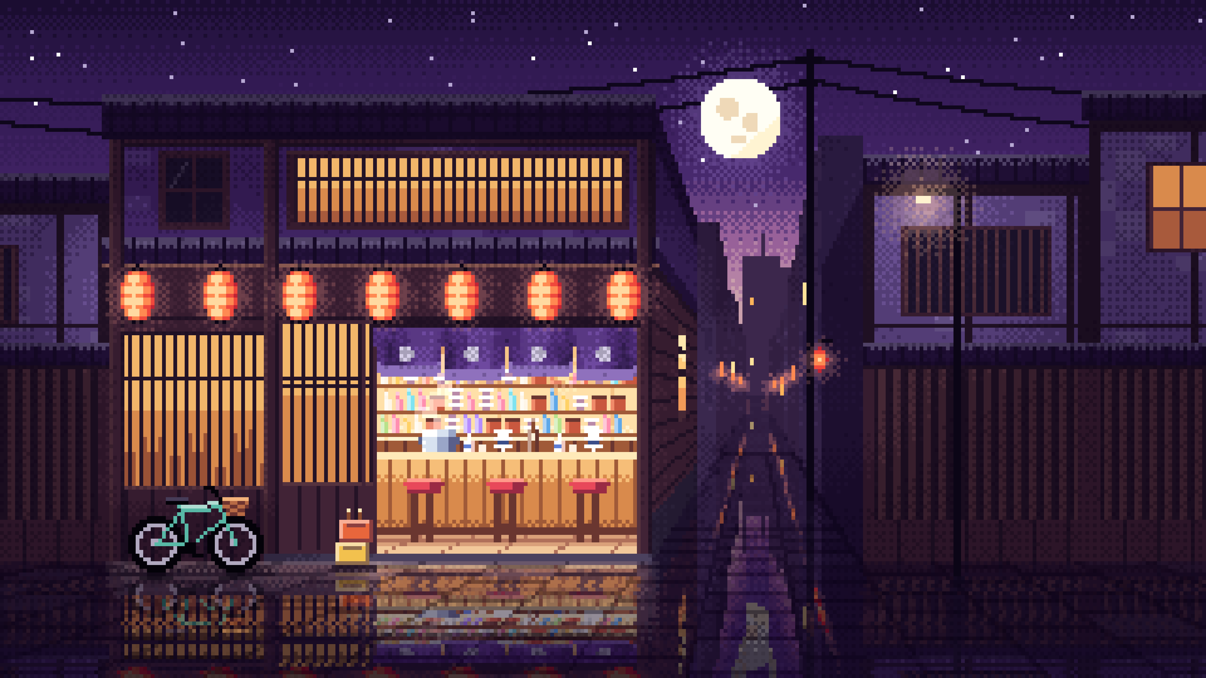 Dark Purple Pixel Art Japanese Izakaya desktop wallpaper in 4K