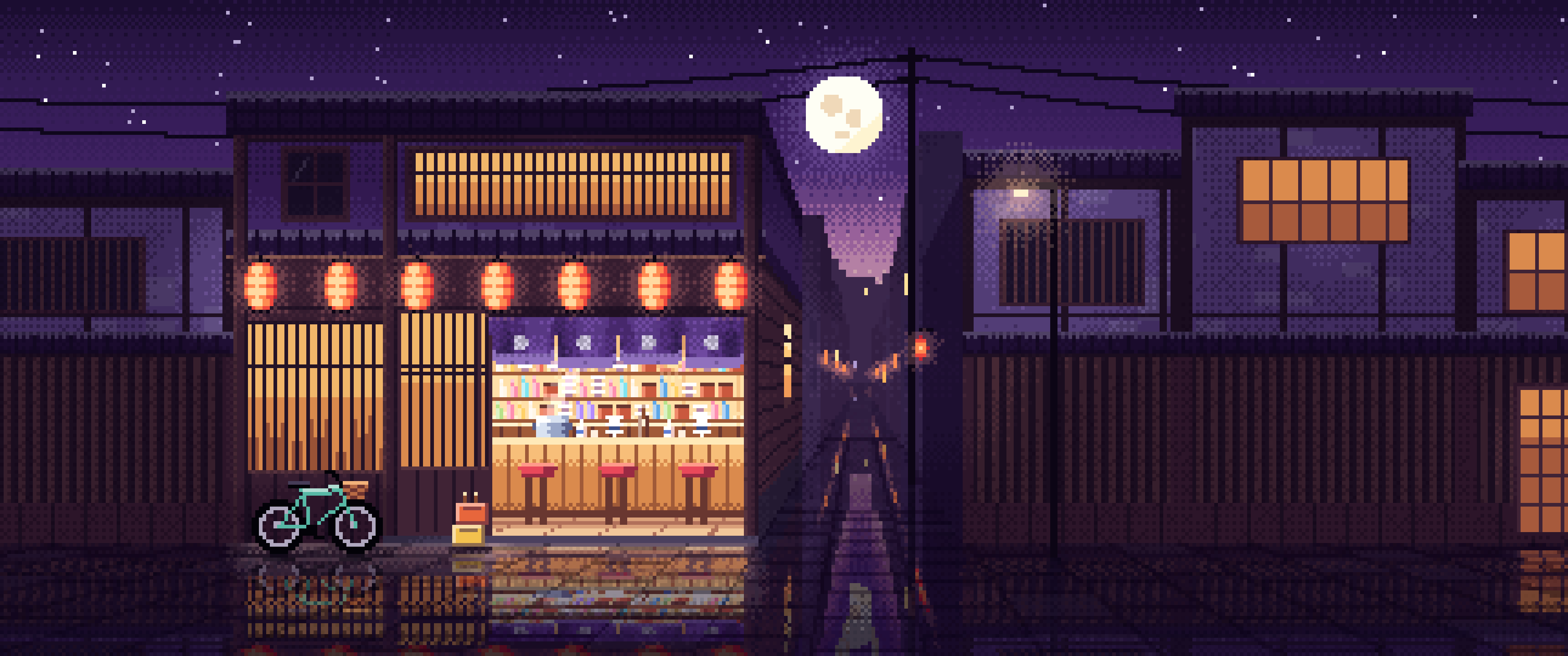 Dark Purple Pixel Art Japanese Izakaya ultrawide wallpaper, 3440 × 1440