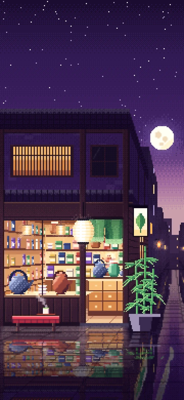 Dark Purple Pixel Art Japanese Tea Shop wallpaper for iPhone and Android