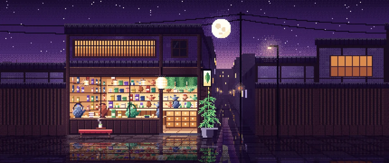 Dark Purple Pixel Art Japanese Tea Shop ultrawide wallpaper, 3440 × 1440
