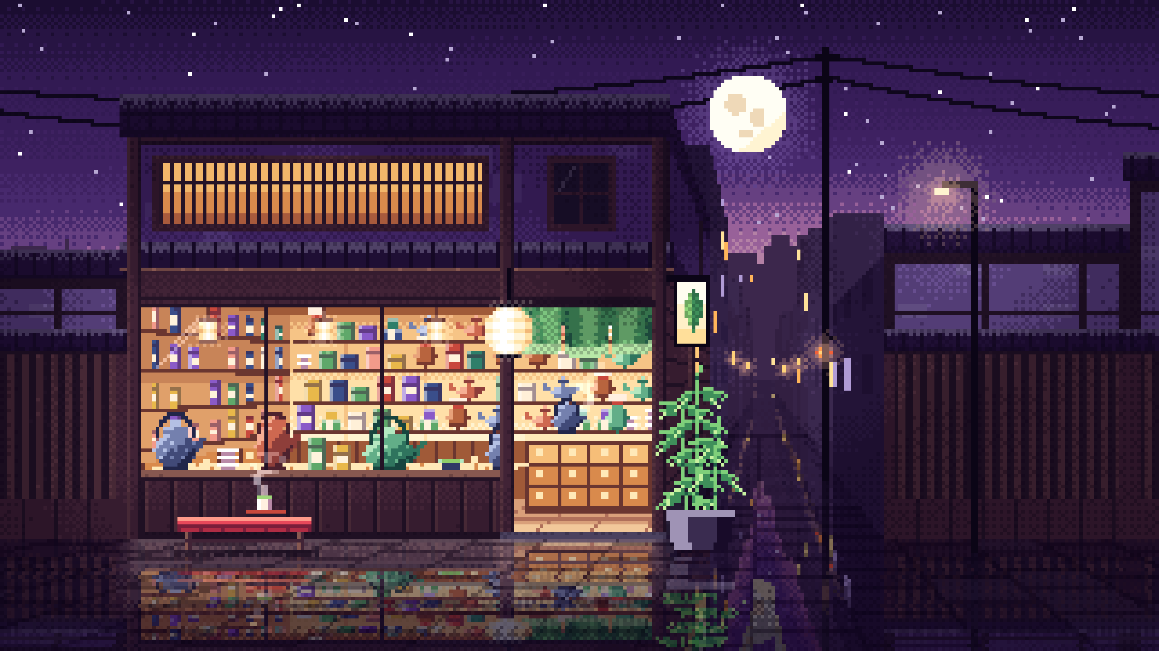 Dark Purple Pixel Art Japanese Tea Shop desktop wallpaper in 4K