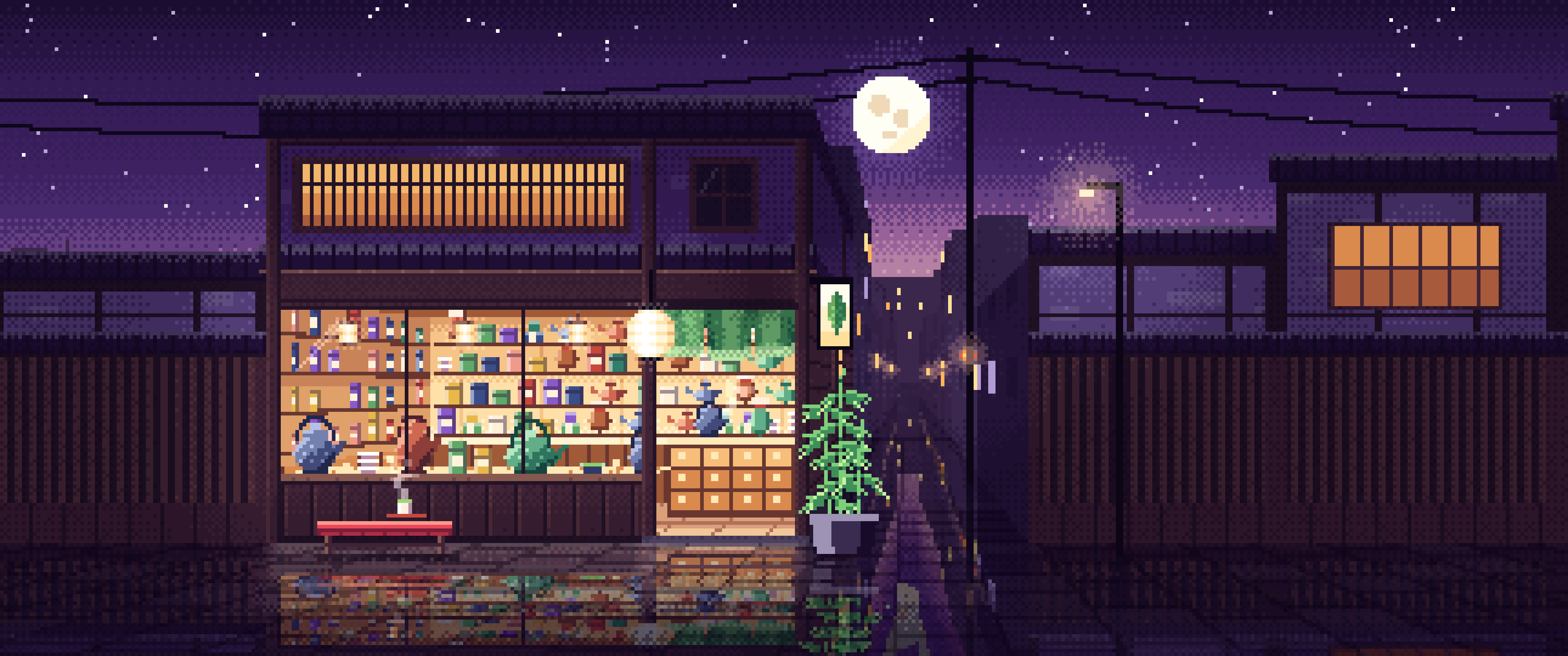 Dark Purple Pixel Art Japanese Tea Shop ultrawide wallpaper, 3440 × 1440