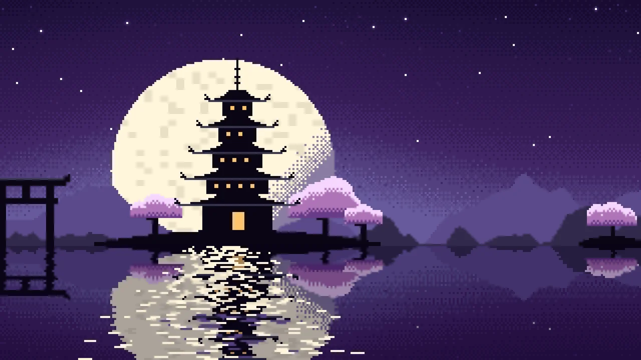 Dark Purple Pixel Art Japanese Temple desktop wallpaper in 4K