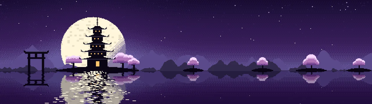Dark Purple Pixel Art Japanese Temple dual monitor wallpaper, 7680 × 2160