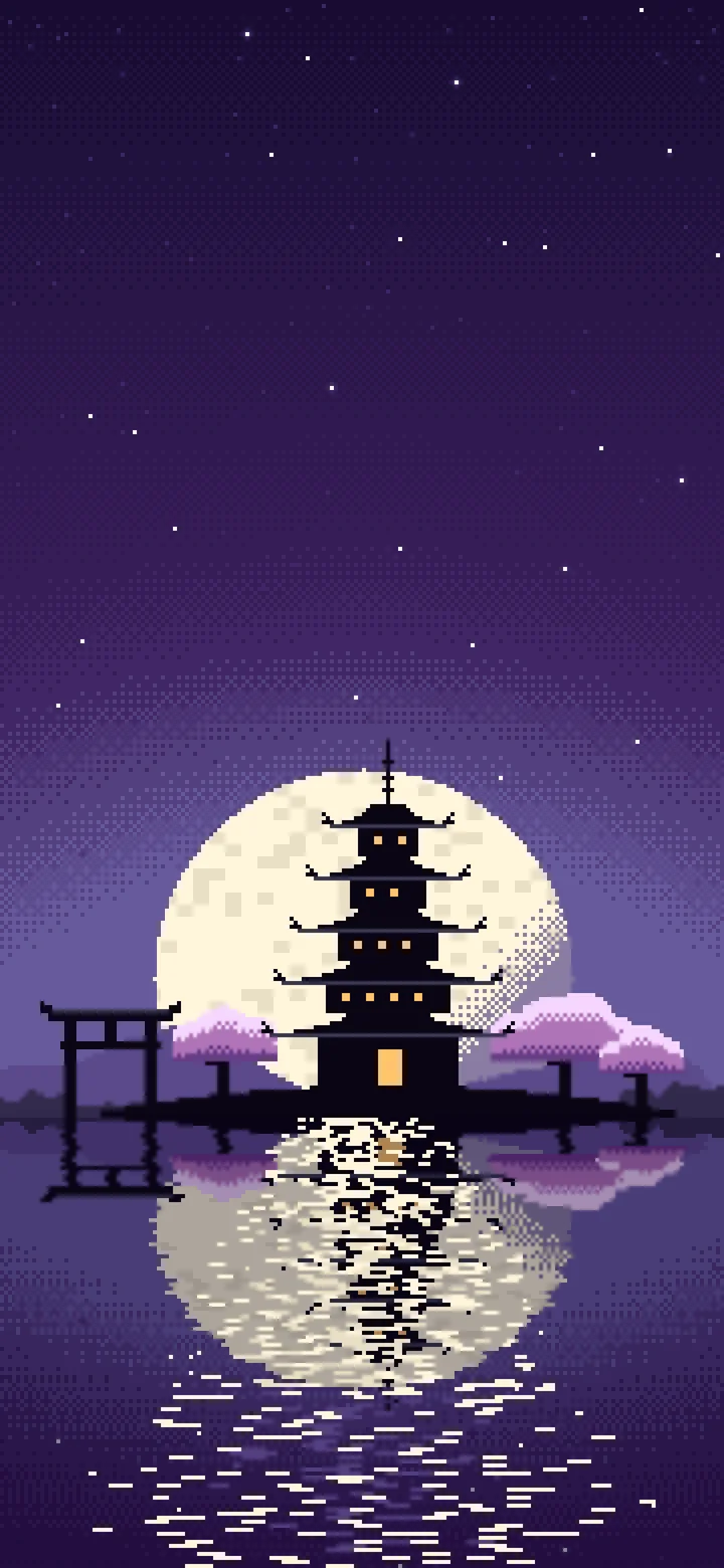 Dark Purple Pixel Art Japanese Temple wallpaper for iPhone and Android