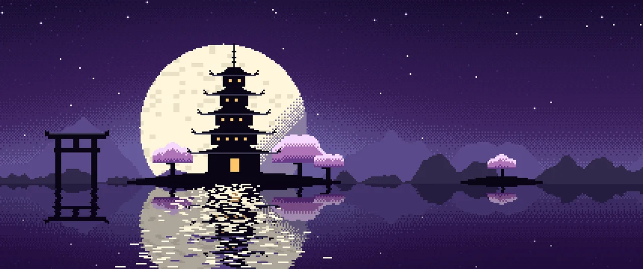 Dark Purple Pixel Art Japanese Temple ultrawide wallpaper, 3440 × 1440
