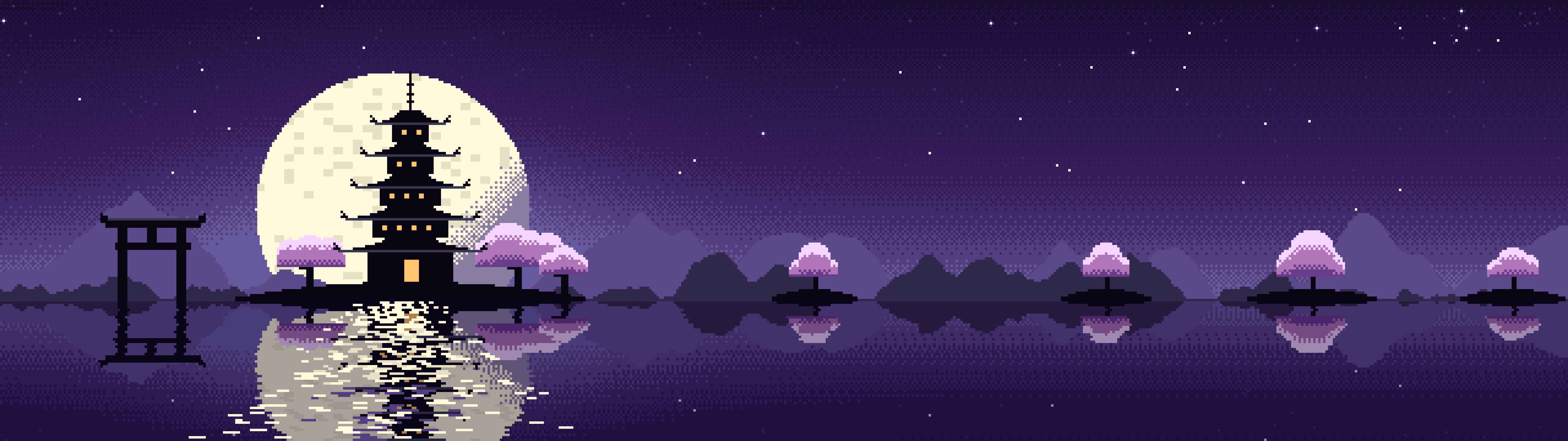 Dark Purple Pixel Art Japanese Temple dual monitor wallpaper, 7680 × 2160