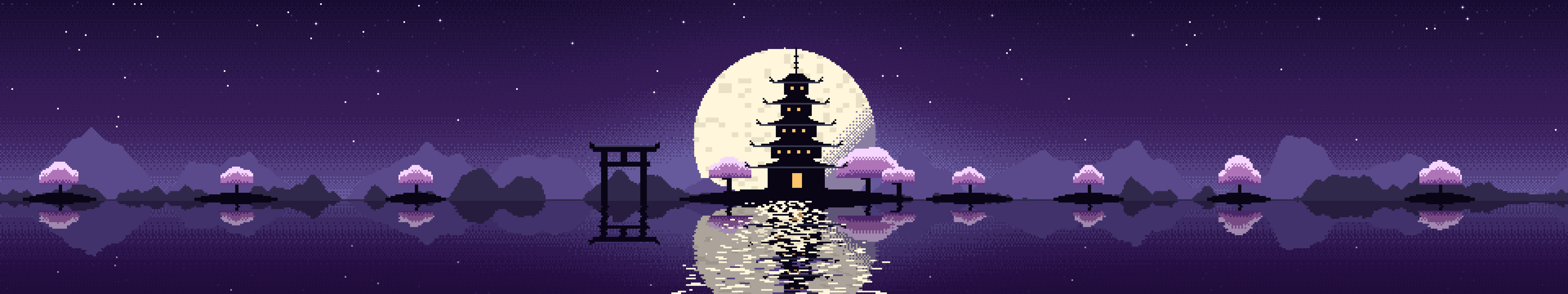 Dark Purple Pixel Art Japanese Temple triple monitor wallpaper, 7680 × 1440