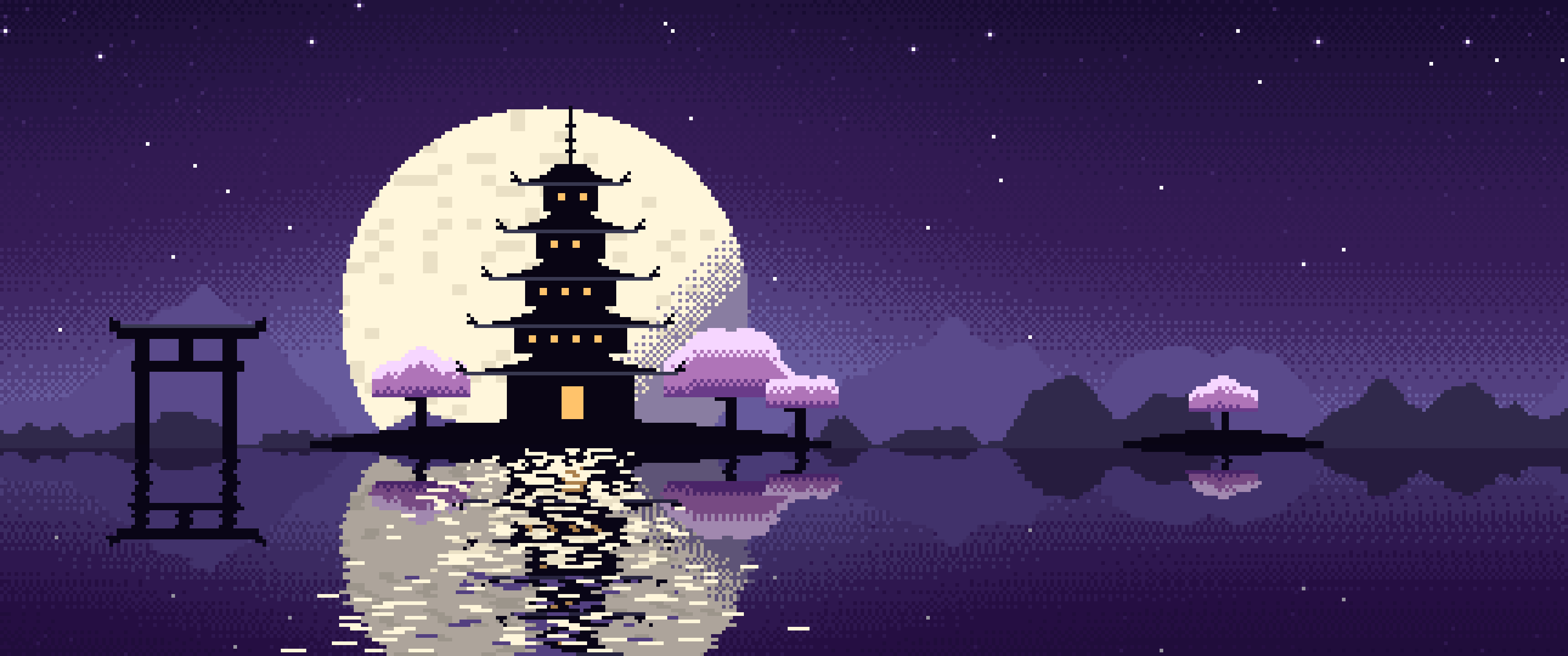 Dark Purple Pixel Art Japanese Temple ultrawide wallpaper, 3440 × 1440