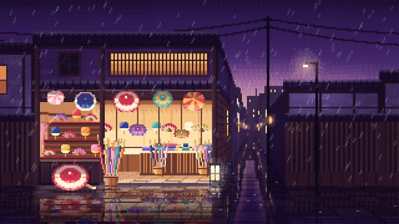 Dark Purple Pixel Art Japanese Umbrella Shop desktop wallpaper in 4K
