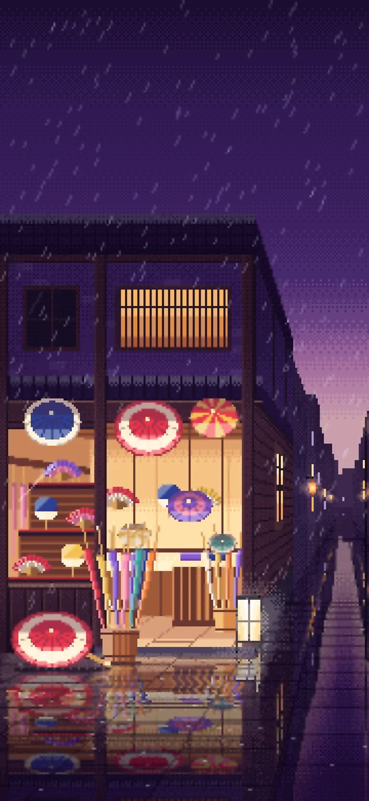 Dark Purple Pixel Art Japanese Umbrella Shop wallpaper for iPhone and Android