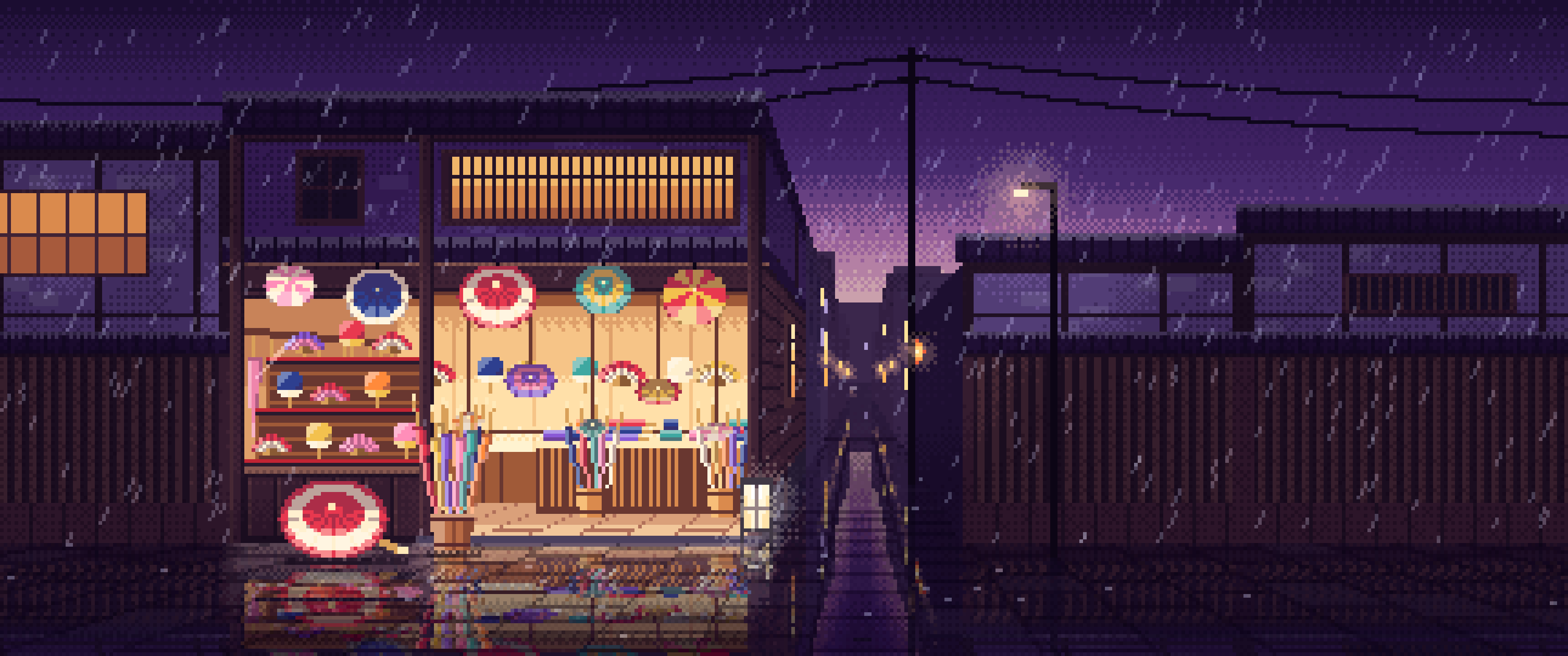 Dark Purple Pixel Art Japanese Umbrella Shop ultrawide wallpaper, 3440 × 1440