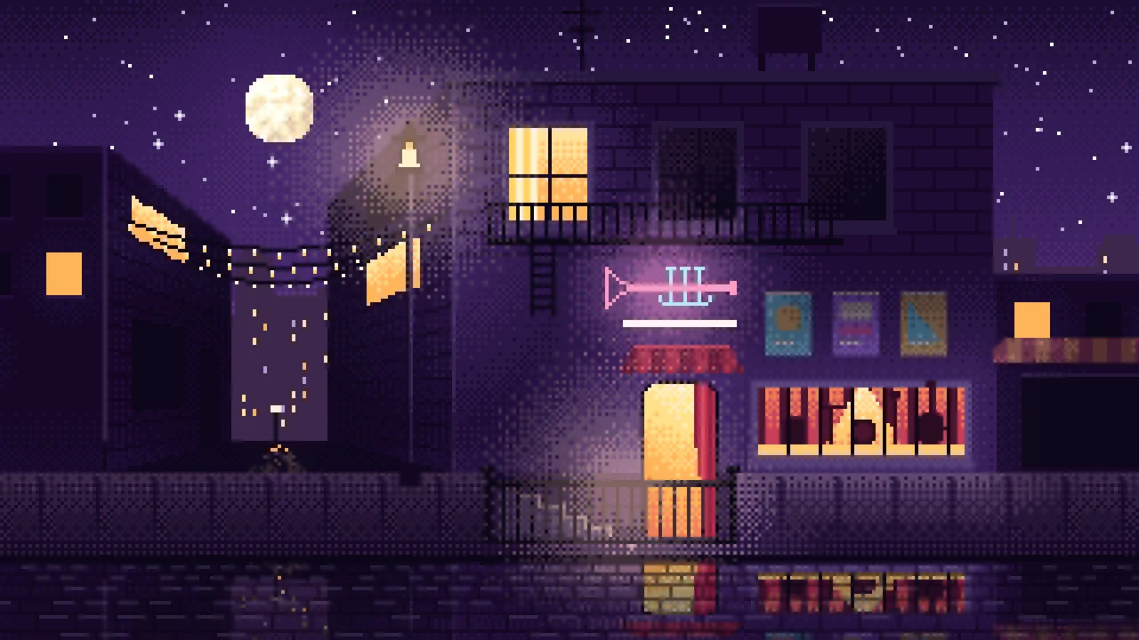 Dark Purple Pixel Art Jazz Club at Night desktop wallpaper in 4K