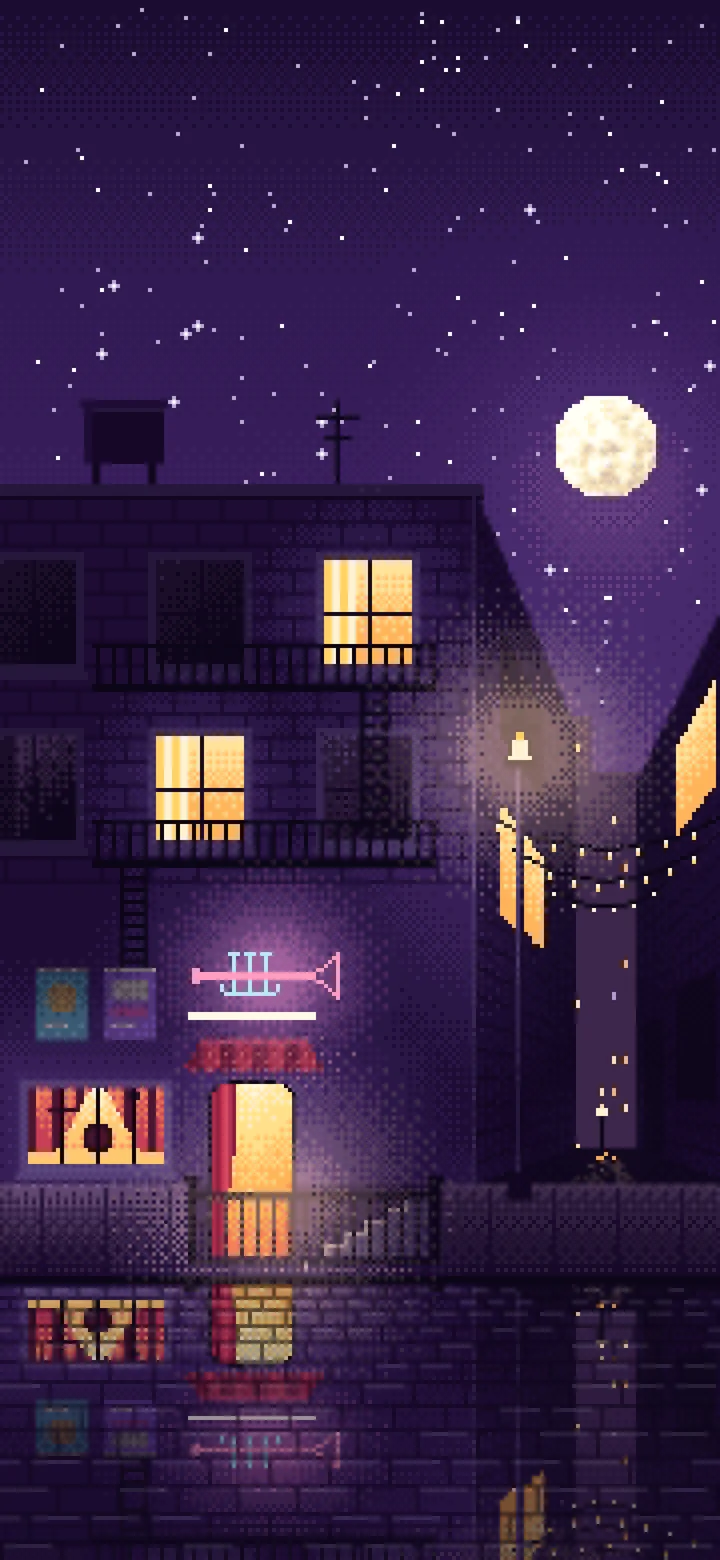 Dark Purple Pixel Art Jazz Club at Night wallpaper for iPhone and Android