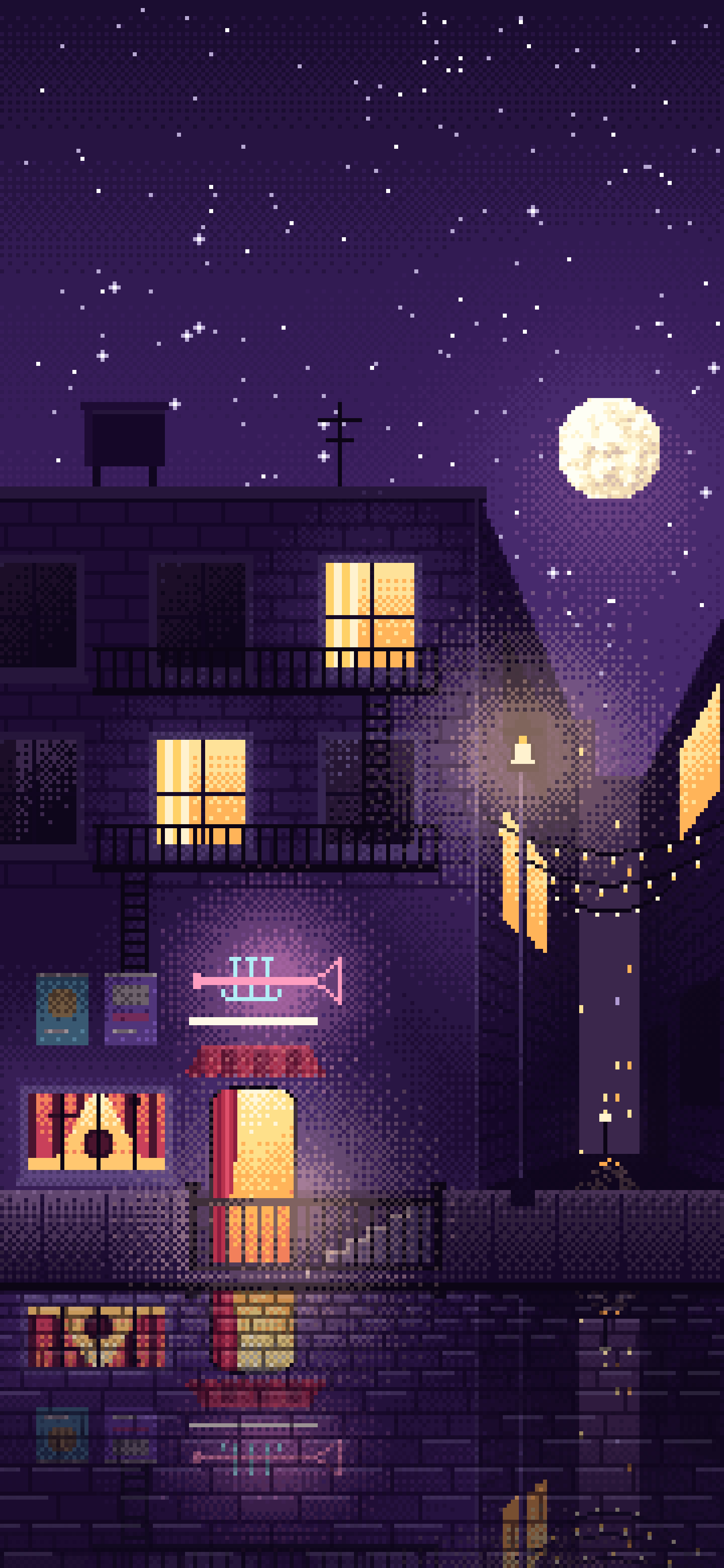 Dark Purple Pixel Art Jazz Club at Night wallpaper for iPhone and Android