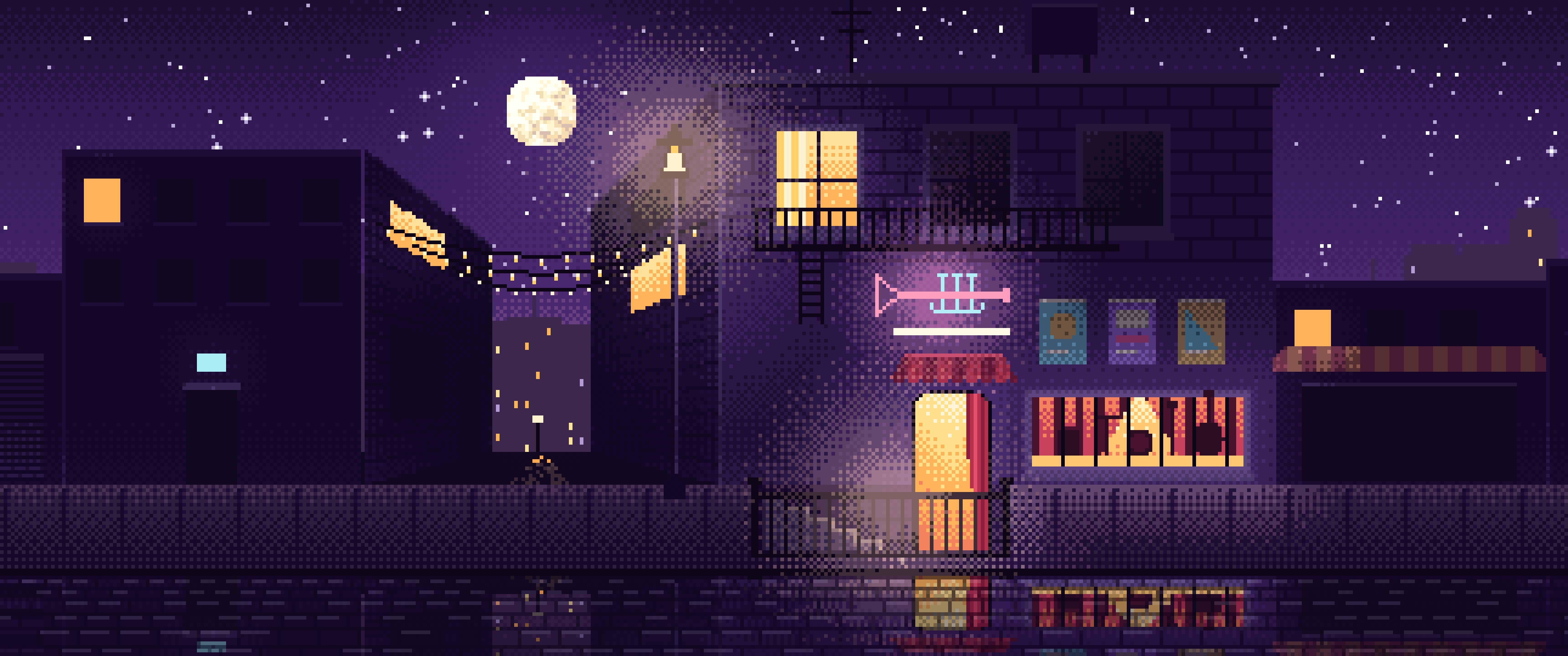 Dark Purple Pixel Art Jazz Club at Night ultrawide wallpaper, 3440 × 1440