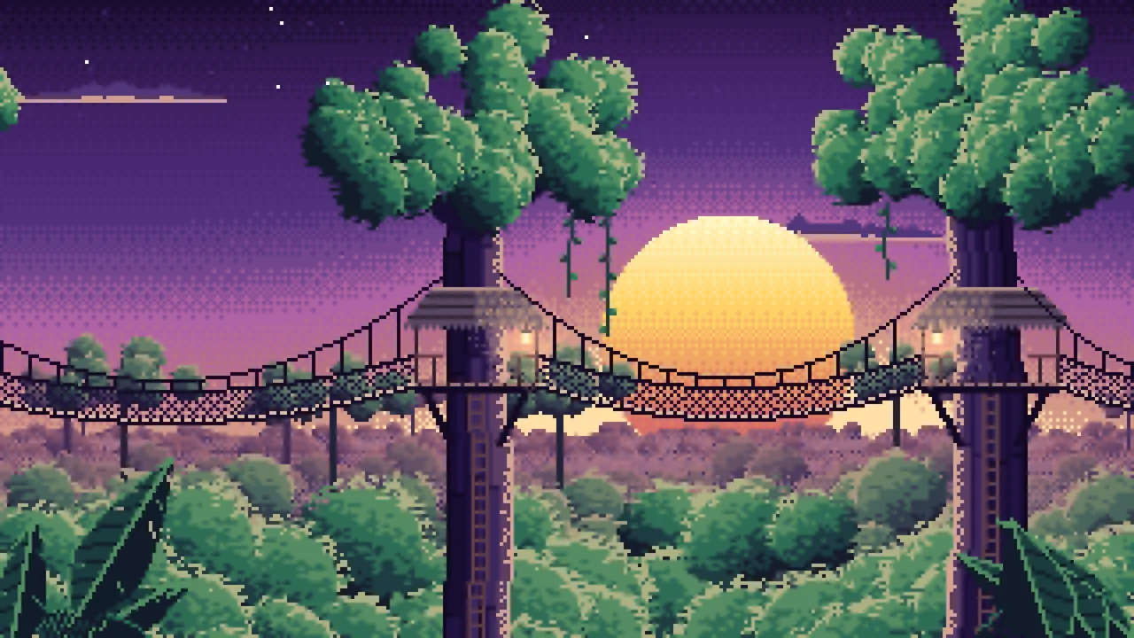 Dark Purple Pixel Art Jungle Canopy Walkway desktop wallpaper in 4K