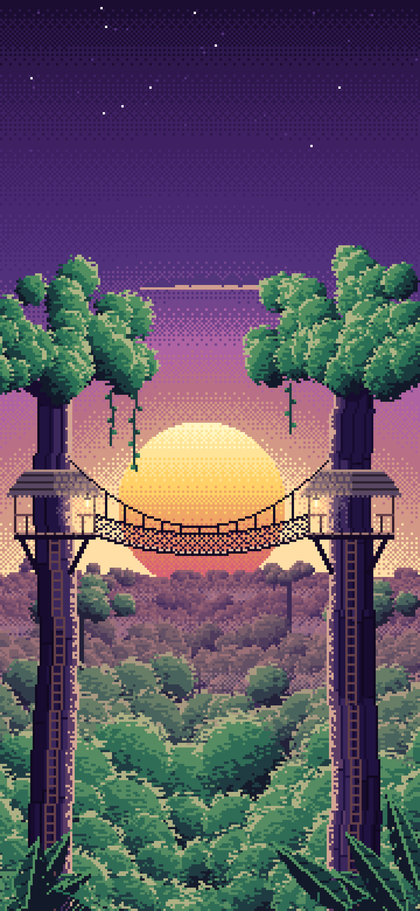 Dark Purple Pixel Art Jungle Canopy Walkway wallpaper for iPhone and Android