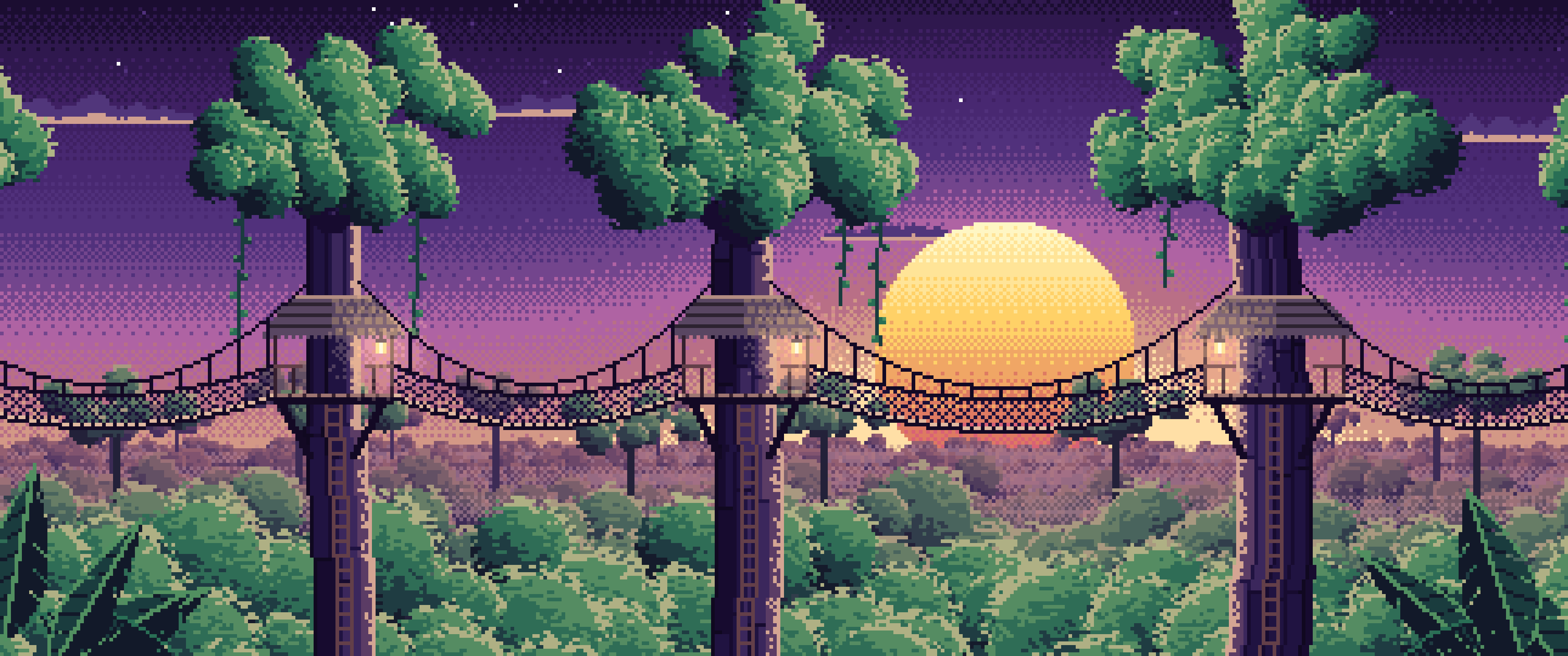 Dark Purple Pixel Art Jungle Canopy Walkway ultrawide wallpaper, 3440 × 1440