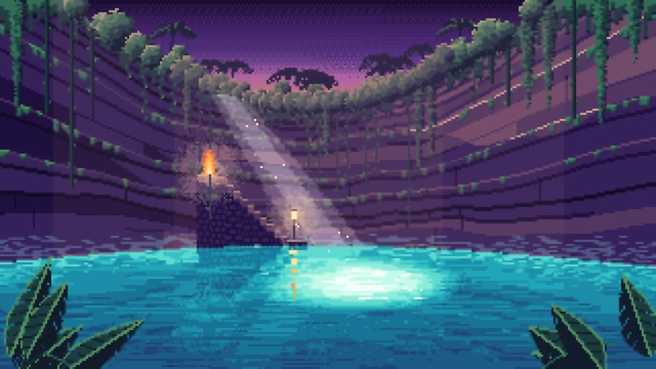 Dark Purple Pixel Art Jungle Cenote desktop wallpaper in 4K