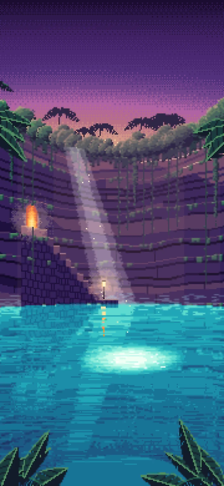 Dark Purple Pixel Art Jungle Cenote wallpaper for iPhone and Android