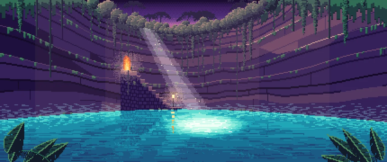 Dark Purple Pixel Art Jungle Cenote ultrawide wallpaper, 3440 × 1440