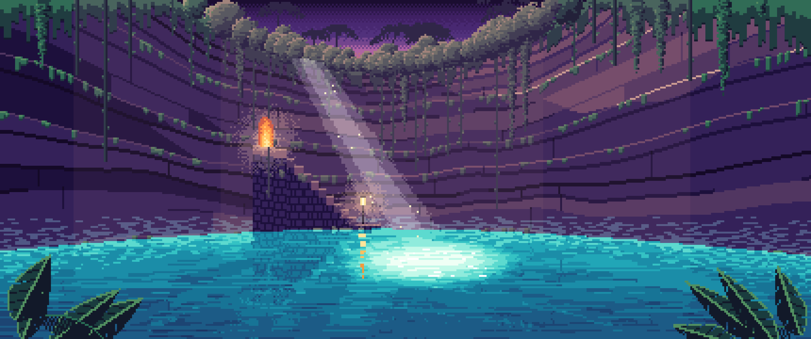 Dark Purple Pixel Art Jungle Cenote ultrawide wallpaper, 3440 × 1440