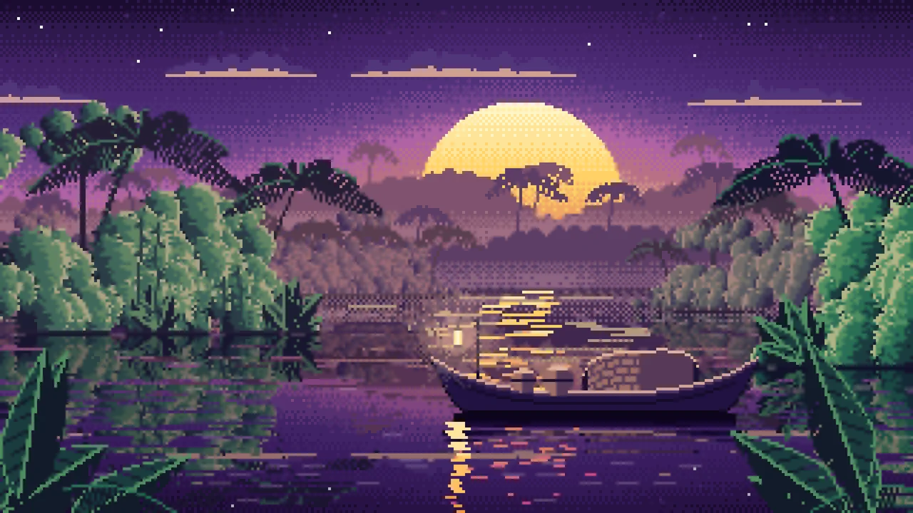 Dark Purple Pixel Art Jungle River and Lantern Boat desktop wallpaper in 4K
