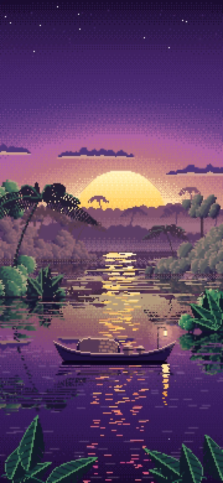 Dark Purple Pixel Art Jungle River and Lantern Boat wallpaper for iPhone and Android
