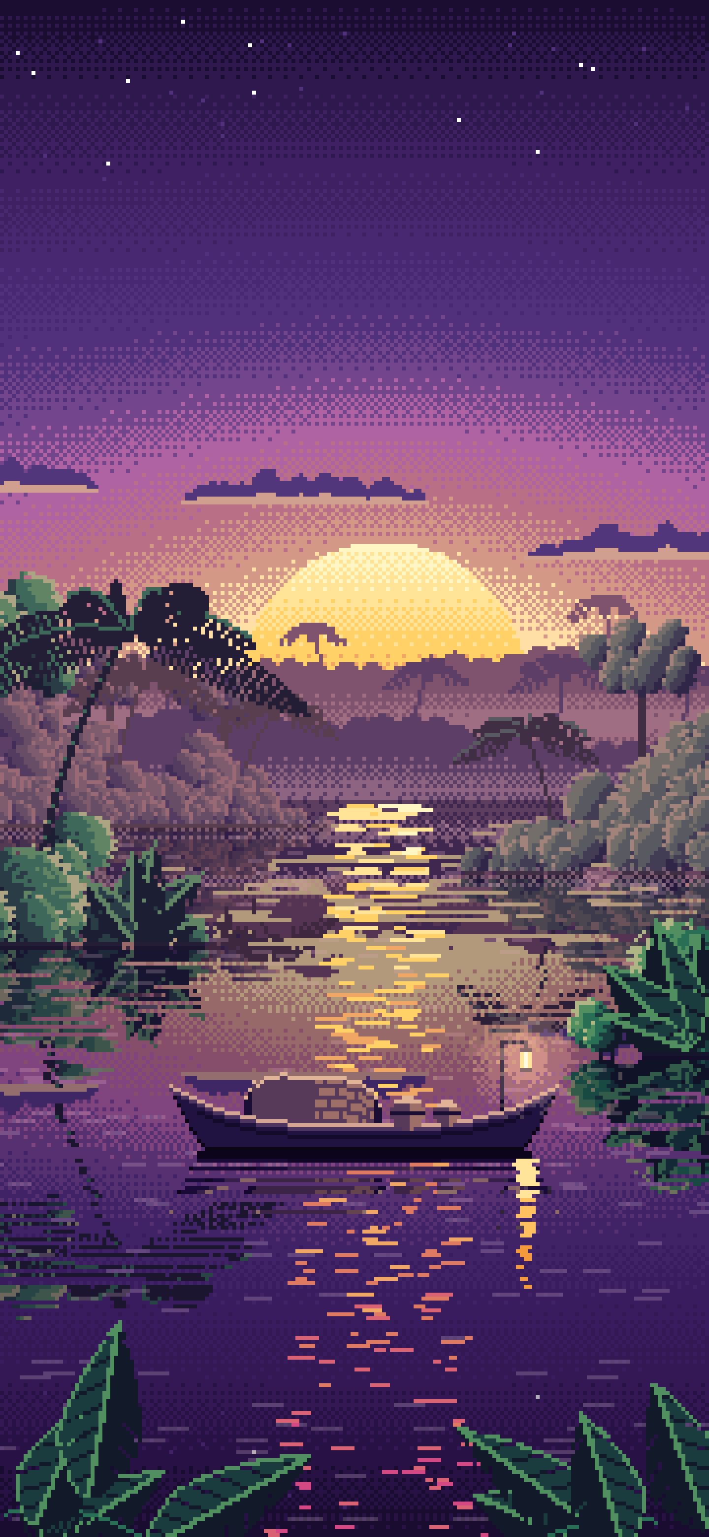 Dark Purple Pixel Art Jungle River and Lantern Boat wallpaper for iPhone and Android