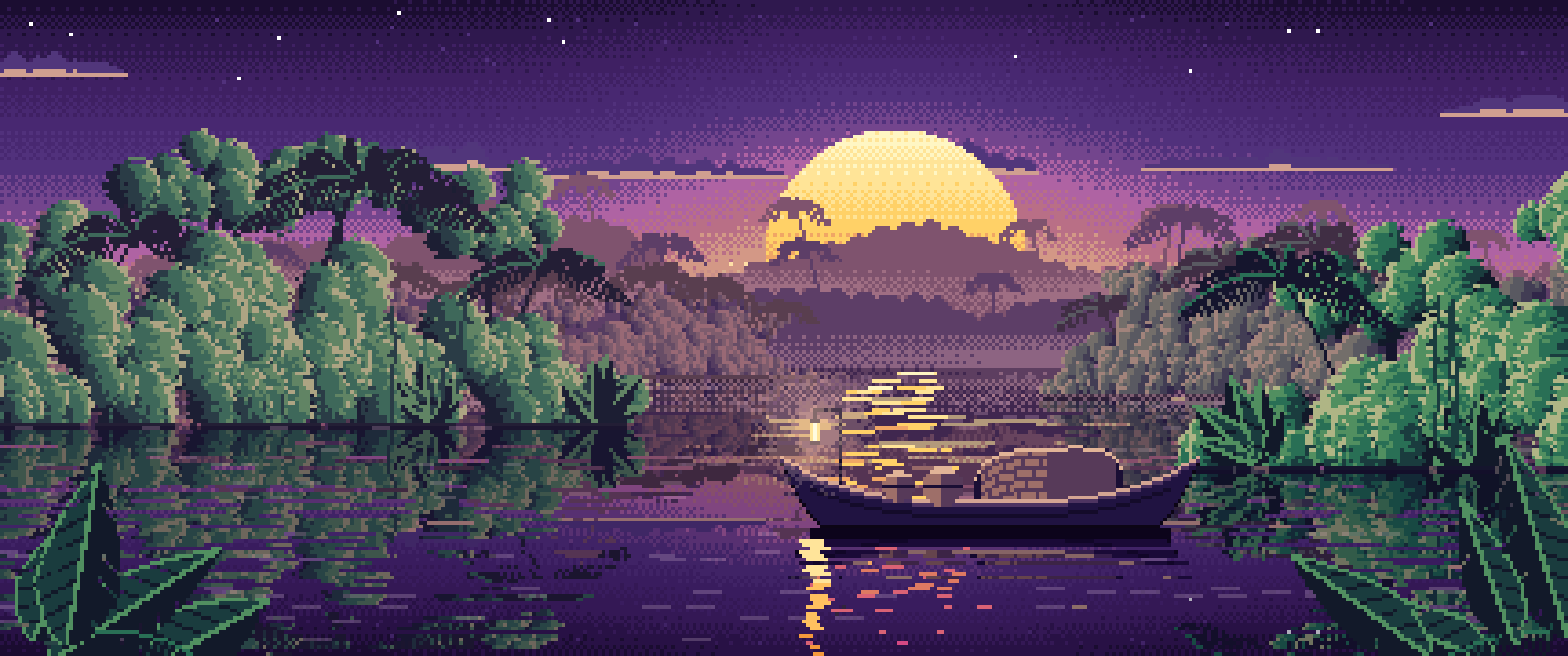 Dark Purple Pixel Art Jungle River and Lantern Boat ultrawide wallpaper, 3440 × 1440