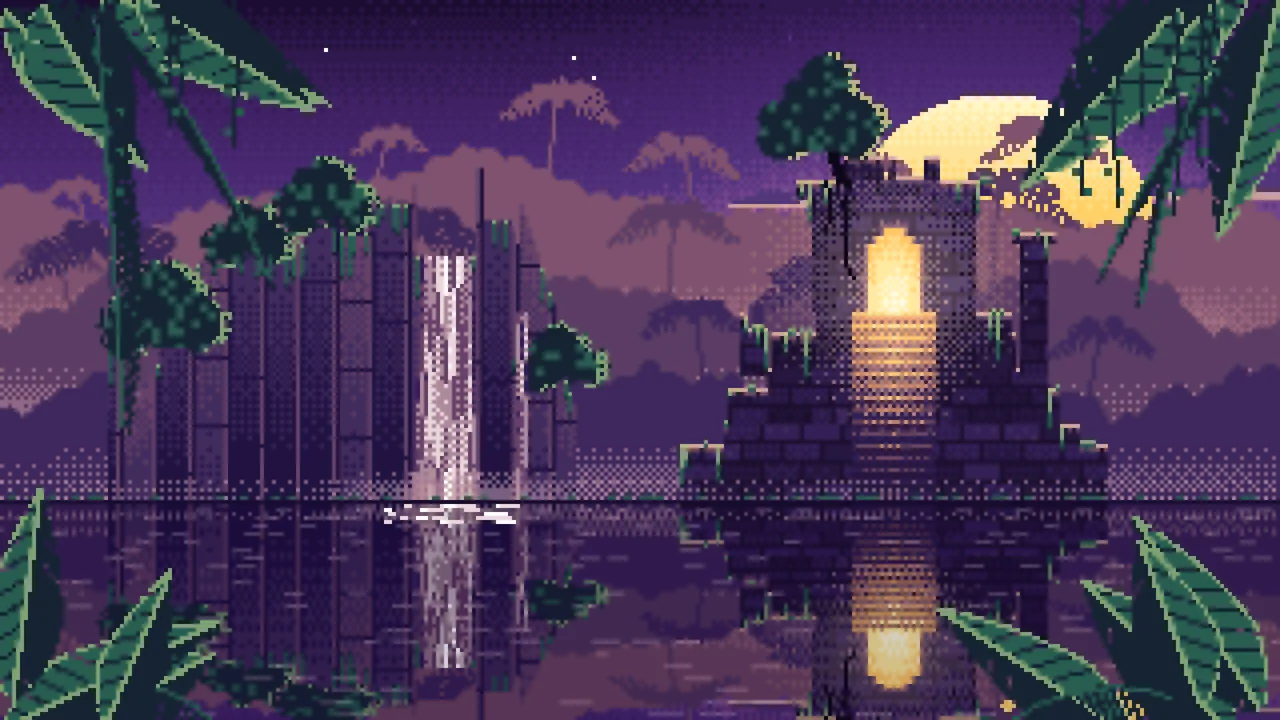 Dark Purple Pixel Art Jungle Temple Ruins desktop wallpaper in 4K